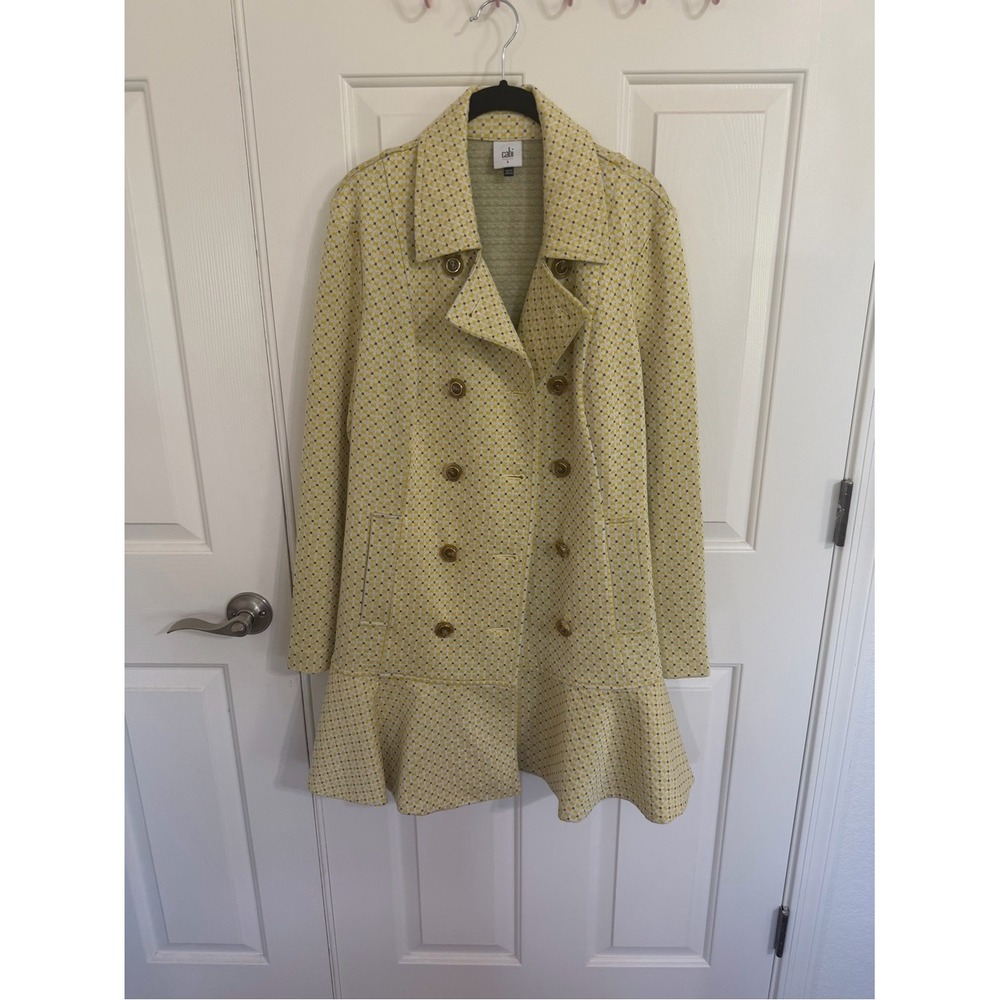 CAbi Hobnob Topper - Yellow Patterned Double-Breasted Peacoat with Ruffle Hem